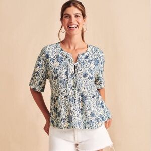 Faherty Salinas Aviary Linen Top Blue Floral Print Sz L